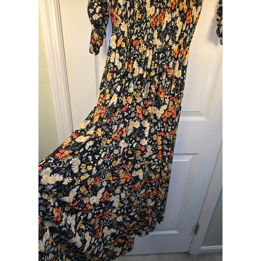 Maeve Anthropologie Floral Smocked Maxi Dress Black V-Neck‎ 3/4 Sleeve XS - Picture 5 of 16
